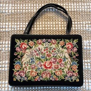 1950s Vintage floral tapestry bag Petit Point floral leather straps